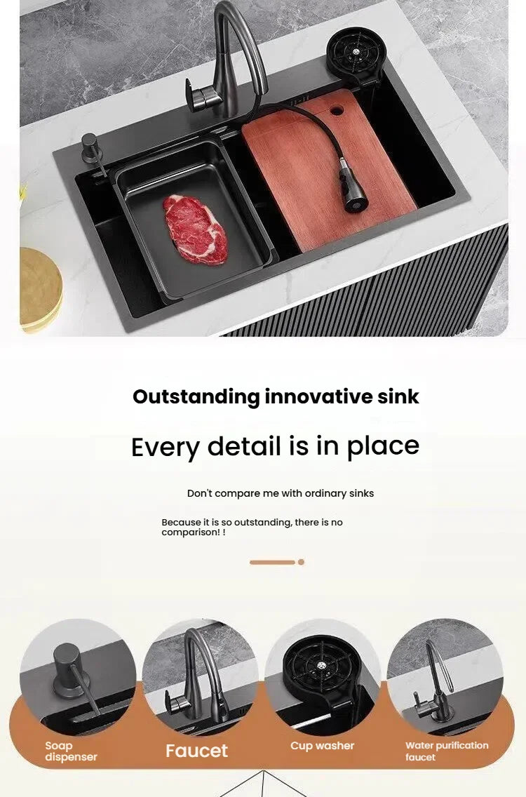 Gray Large Single Slot Stainless Steel Kitchen Sink Multifunctional Wash Dish Basin Nano Honeycomb Embossed Undermount Basin