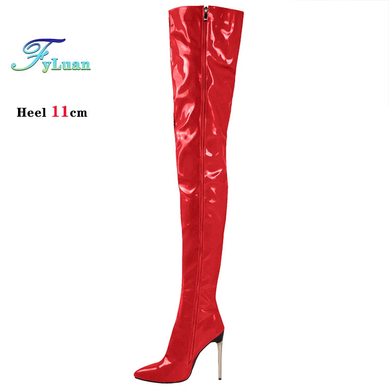 Plus Size 45 46 47 Women Stripper Heels 11CM Stiletto Sexy Pointed toe Red Long Shoes Club Party Over The Knee Thigh High Boots