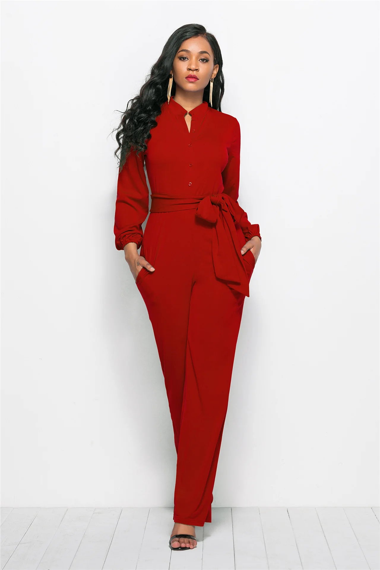 Temperament Solid Color Slim Jumpsuits Women Fashion Long Sleeve Buttons High Waist Leace-up Jumpsuit Ladies Commuting Clothing.