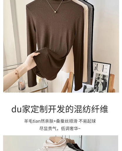 Yuyue Women's High-necked High Strecth Bottoming Shirt Old Money Style Silk Pile Collar Base Top Contain Mulberry Silk and Wool.