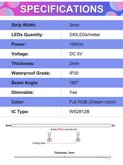 3mm 5mm 5V WS2812B Addressable COB LED Strip Individually IC RGB Flexible LED Strip High Density Dream Color LED Tape.