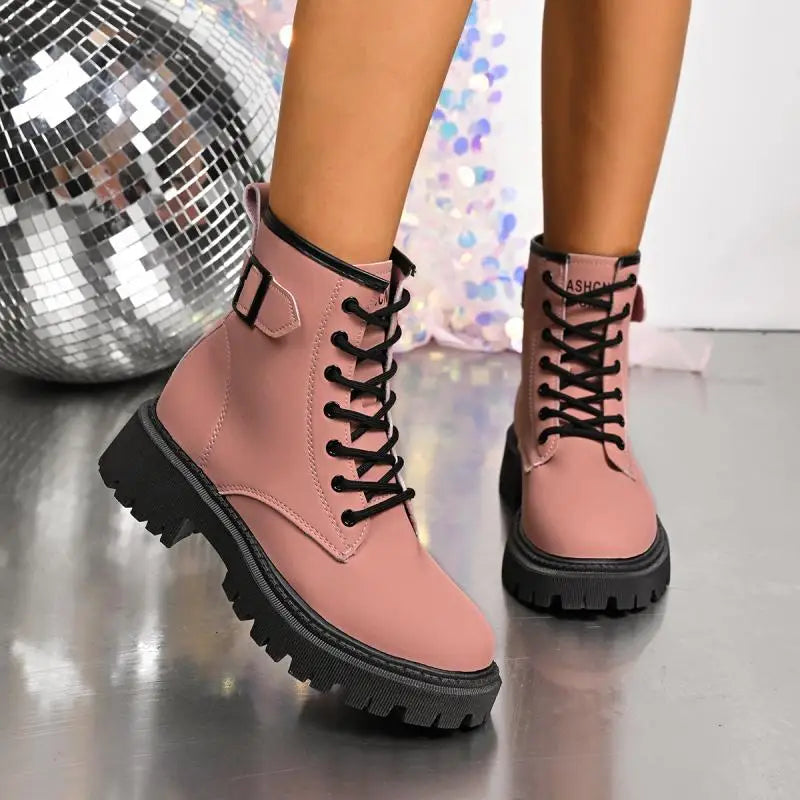 Chunky Platform Thick Heel Pink Ankle Boots Women 2025 Winter Punk Thick Bottom Lace Up Motorcycle Boots Metal Buckle Booties.