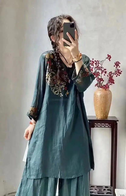 Schwerindustrie besticktes Kleid im Ethno-Stil, mittellang, Sommer, neuer Stil, Retro-Top, Rock mit Neun-Punkt-Ärmeln.