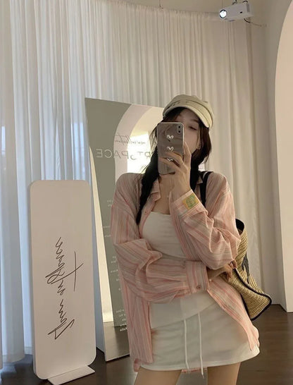 Pink Striped Shirt Women Korean Style Loose Long Sleeved Button Up Blouse Ladies Autumn New Wild Streetwear Casual Shirts 2025.