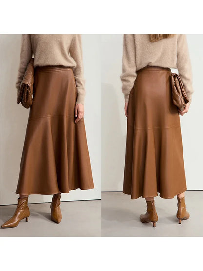 AMII Minimalist Elegant Commuter Environmentally Friendly PU Leather Skirt 2024 Winter New Women's Loose A-shaped Skirt 12444181.