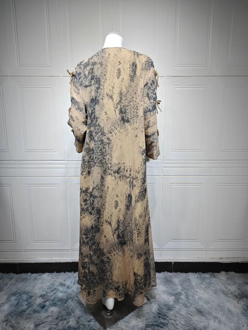 2025 sommer Arabisch Frauen Muslimische Kleidung Ramadan Dubai Offene Abaya Kleid mit Hijab Islam Gedruckt Chiffon 2 Stück Outfit