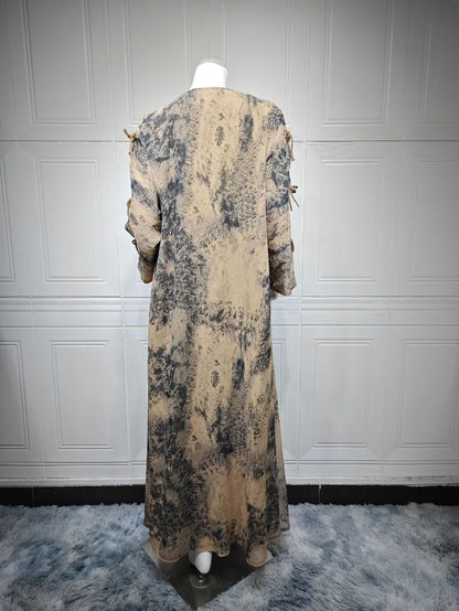2025 sommer Arabisch Frauen Muslimische Kleidung Ramadan Dubai Offene Abaya Kleid mit Hijab Islam Gedruckt Chiffon 2 Stück Outfit