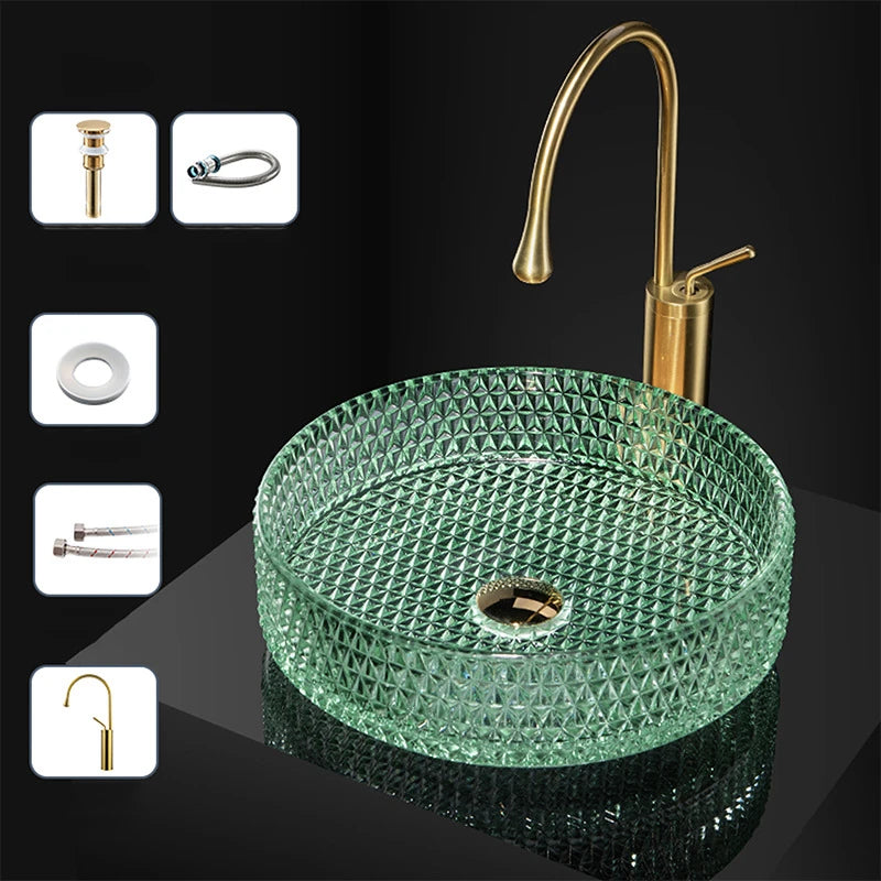 Luxuriöses Waschbecken aus Kristallglas, Badezimmer-Waschbecken, rosa Arbeitsplatte, Kunstbecken, rundes Mini-Schüsselbecken, Waschraum-Waschbecken mit Wasserhähnen