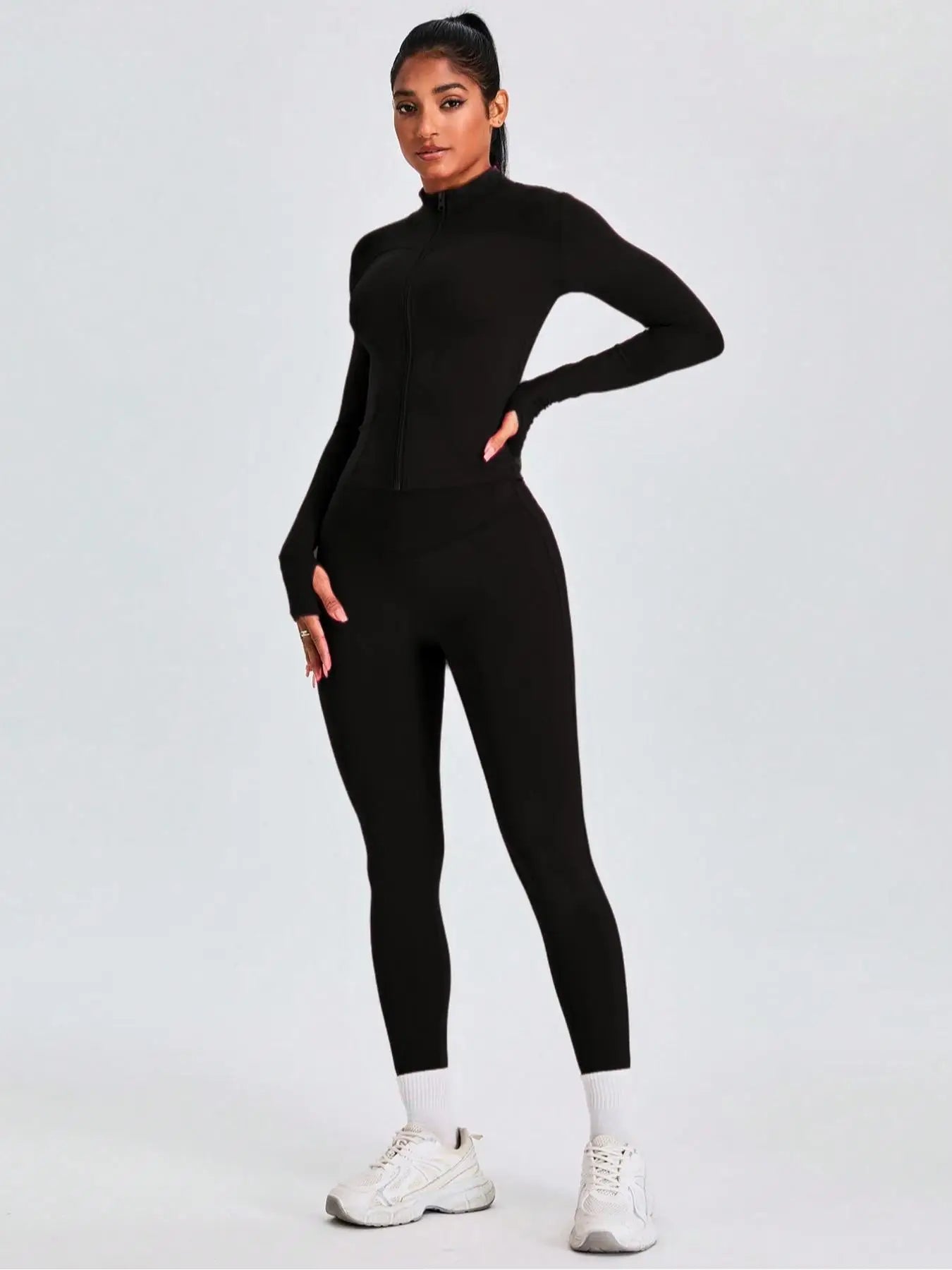 Fitfemme Two-piece Set Women's Solid Zip UpMock Neck Sports Jacket & HighWaist Leggings Set, SportyBreathable Quick Drying.