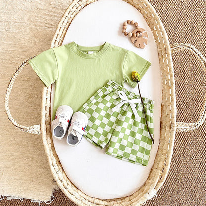 Ins Sommer Neugeborenen Jungen Mädchen Kleidung Baby Set Solide Kurzarm T-shirt + Schachbrett Shorts Baumwolle Casual 2PCS 0-3Y.