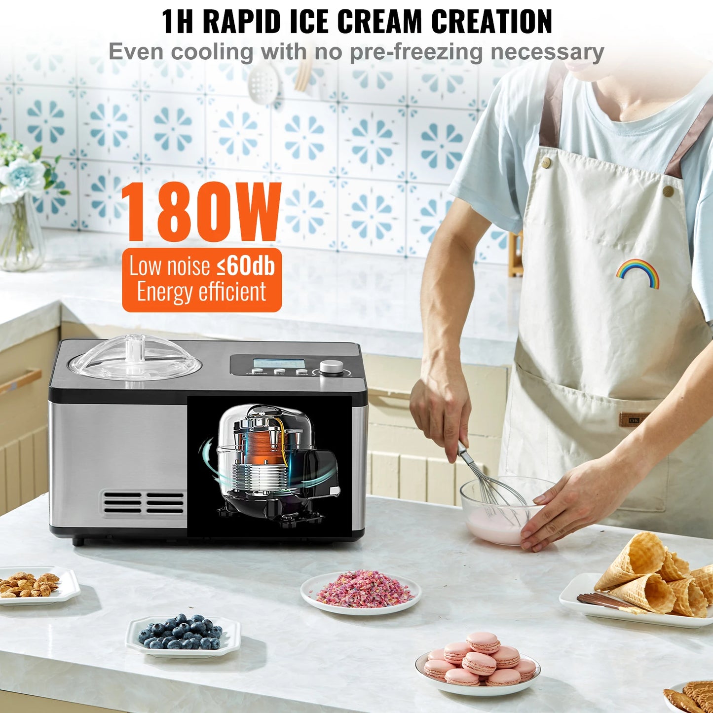 SucceBuy Automatic Ice Cream Maker with Built-in Compressor 2 Quart No Pre-freezing Fruit Yogurt Machine Electric Sorbet Maker.