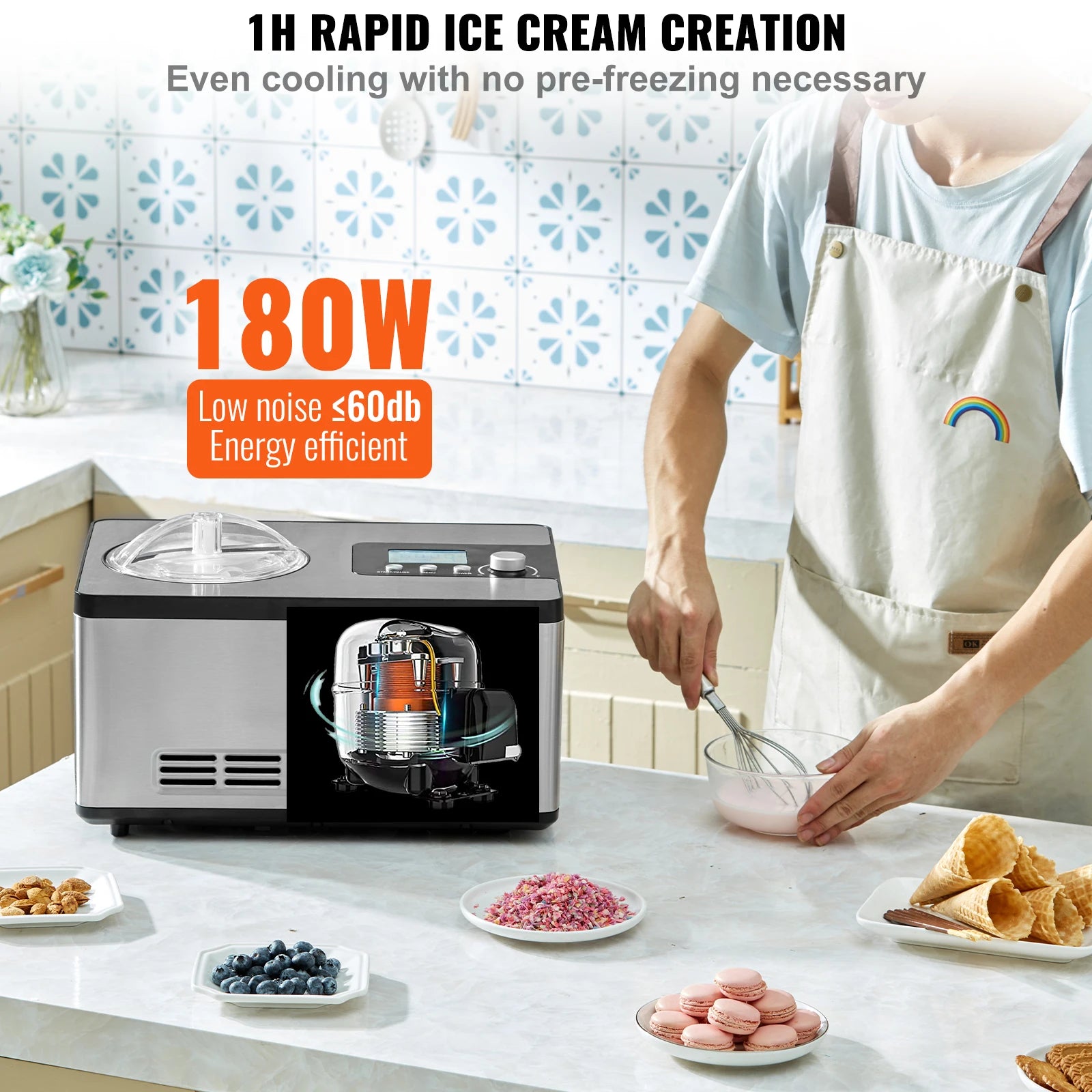 SucceBuy Automatic Ice Cream Maker with Built-in Compressor 2 Quart No Pre-freezing Fruit Yogurt Machine Electric Sorbet Maker.