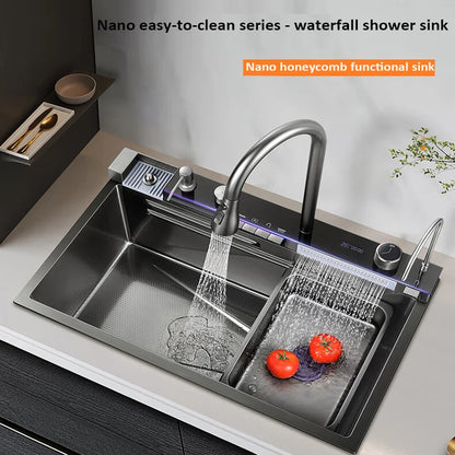 Kitchen Basin Stainless Steel Waterfall Sink Large Single Slot Integrated Digital Display Faucet Set Soap Dispenser Cup Washer