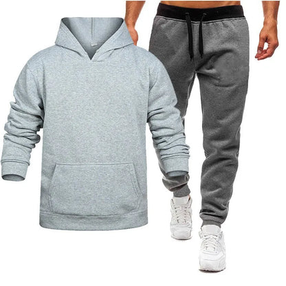 Men's Hooded Solid Color Pullover Set Two-Piece Sweater Sport Pants.