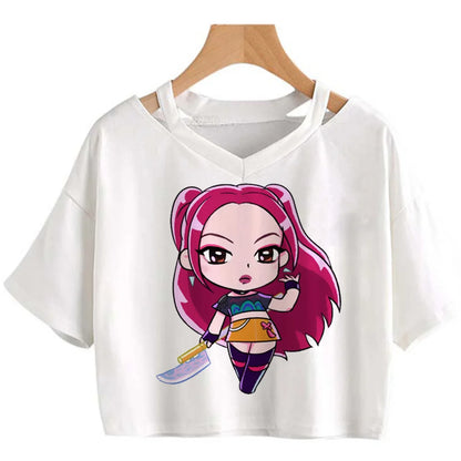 Kpop Demon Hunters Girls O-Neck Casual Women Summer Shirts Crop T-shirt.