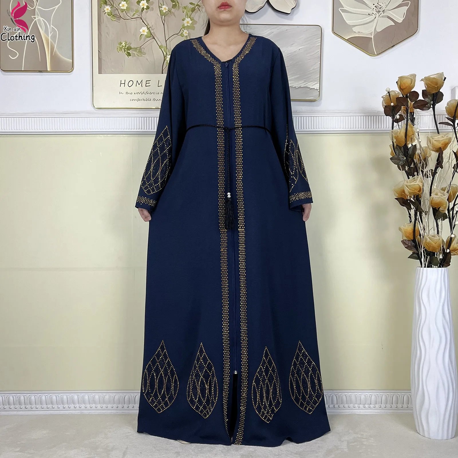 New Dubai Women Elegant Dress Diamonds Chiffon Open Abaya with Zipper Islamic Turkey Clothing Women Muslim Party Evening Dress.