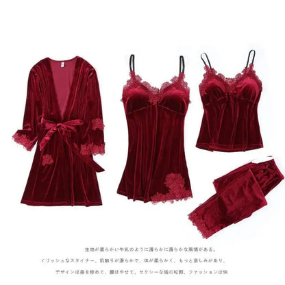 Autumn Velvet Women 4PCS Pajamas Set Sleepwear Burgundy Velour Bathrobe Nightwear Lace Patchwork Pijamas Suit Sexy Negligee