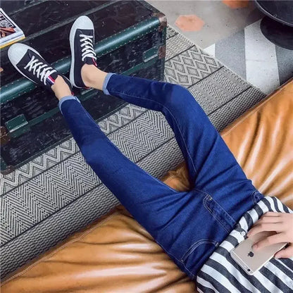 Pure White Jeans Men's Elastic Korean Style Slim Fit Youth Slimming Straight Leg Business Casual Middle Age High End Pants.