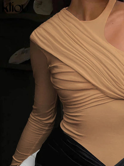 kliou Classic Solid Women Bodysuits Autumn All-matched Stacked Ruched Incline Shoulder Skinny Rompers Female Trend Street  Tops.