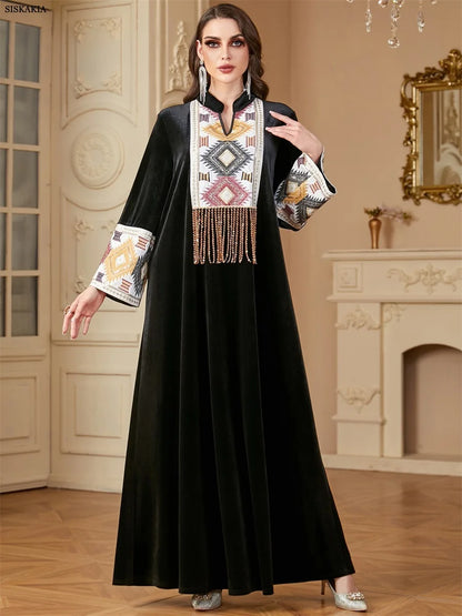 Siskakia Ramadan Muslim Notched Stand Collar Tassel Long Dresses For Women  Loose Elegant Kebaya Patchwork Sleeve Abayas.