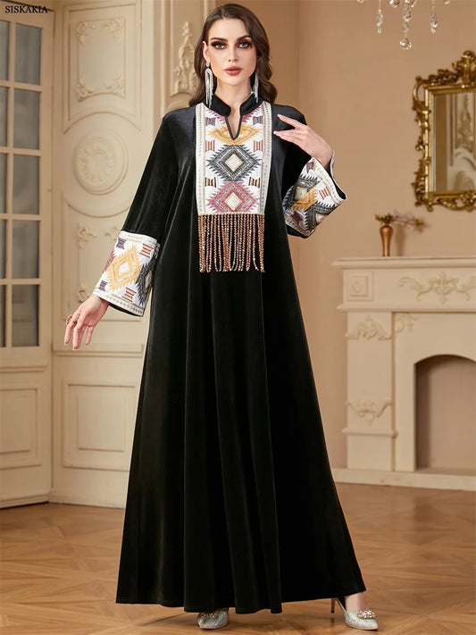 Siskakia Ramadan Muslim Notched Stand Collar Tassel Long Dresses For Women  Loose Elegant Kebaya Patchwork Sleeve Abayas.