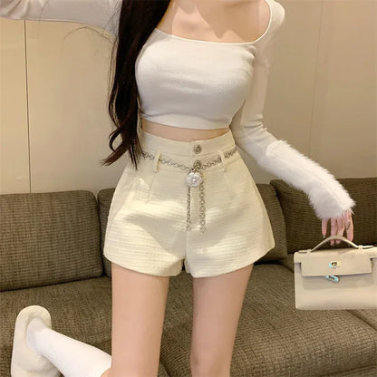 Winter Spring New Arrival Metal Buttons Tweed Shorts Women.