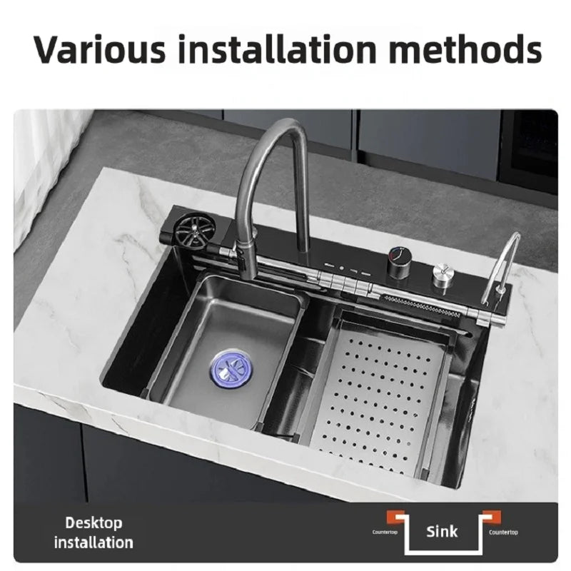 Stainless Steel Kitchen Sink Waterfall Faucet Large Single Sink Intelligent Dishwasher Sink Digital Display and Light Effects