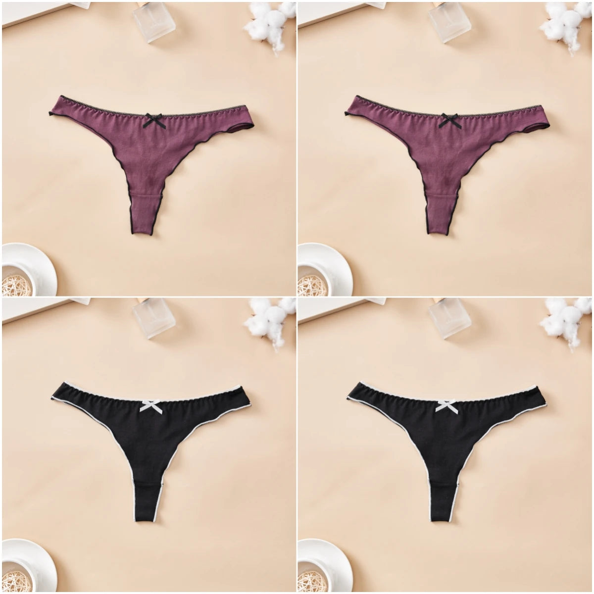 4pcs women's cotton solid color thong sexy comfortable women's underwear daily breathable T-back knitted bow cute girl low-waist.