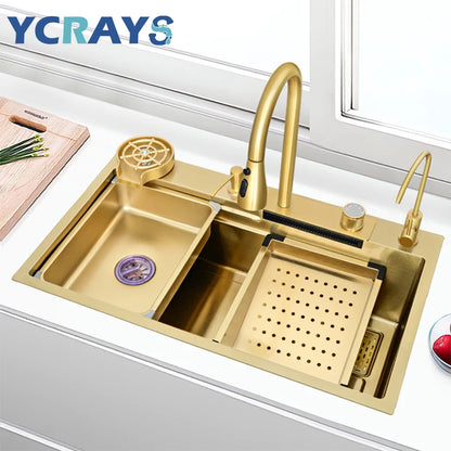 YCRAYS Golden Nano Multifunctional Kitchen Sink 4 Mode Waterfall Faucet Large Single Bowl Soap Dispenser Pure Tap Cup Washer