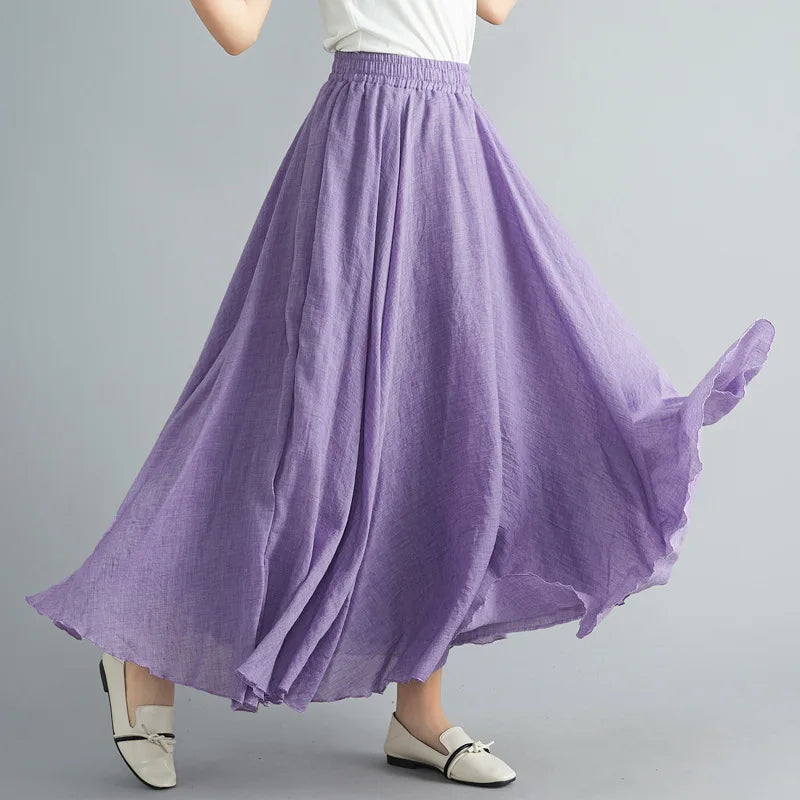 Boho Cotton Linen Beach Long Skirt Women Vintage Casual Solid A-line High Waist Dance Floor-Length Maxi Skirt Spring Summer New.