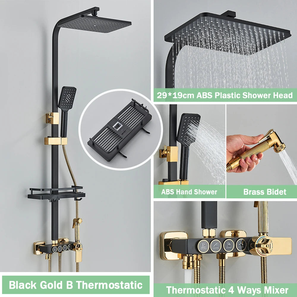 Black Thermostatic Shower Faucet Set For Bathroom Smart Display Hot Cold Water Mixer Tap Wall Mounted Rainfall System With Bidet