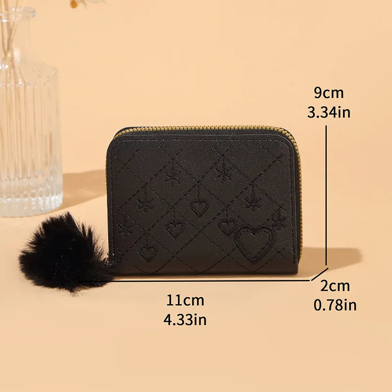 Women Fashion Zipper Wallet with Hairballs Simple Versatile Short Coin Purse Multi-Functional Multi-Card Slot Card Bag.