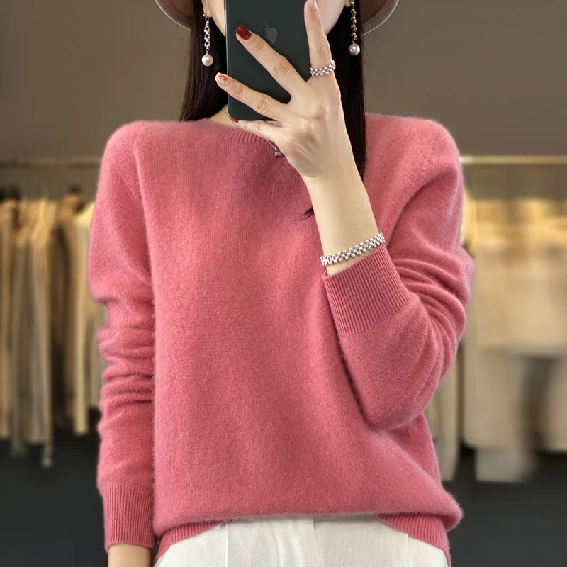100% Merino Wool Sweater Women O-neck Cashmere Knitwear Female Pullover Autumn Winter Casual Tops Solid Color Soft  Clothing.