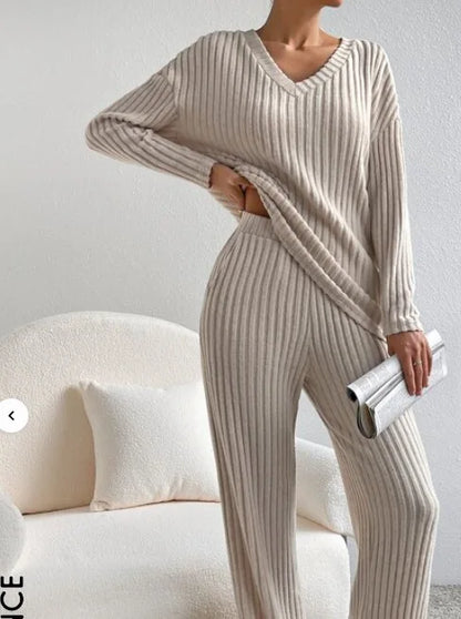 Autumn Winter Ribbed Knit Two Piece Set Womens V Neck Long Sleeve Top Wide Leg Pants Loungewear Casual Solid Color Outfit.
