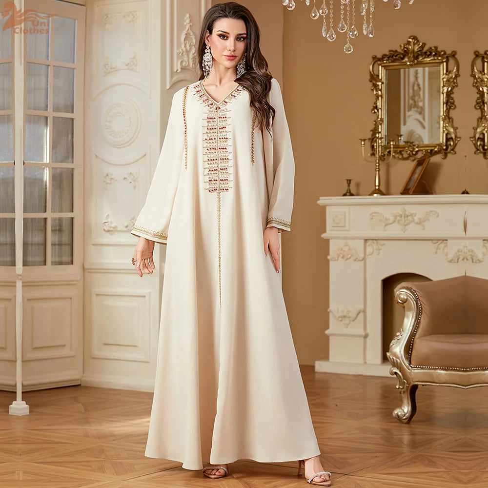 Elegant V-Neck Beading Embroidery Abaya For Muslim Woman 2025 Casual Loose Moroccan Saudi Dubai Kuwait Morocco Stylish Kebaya.