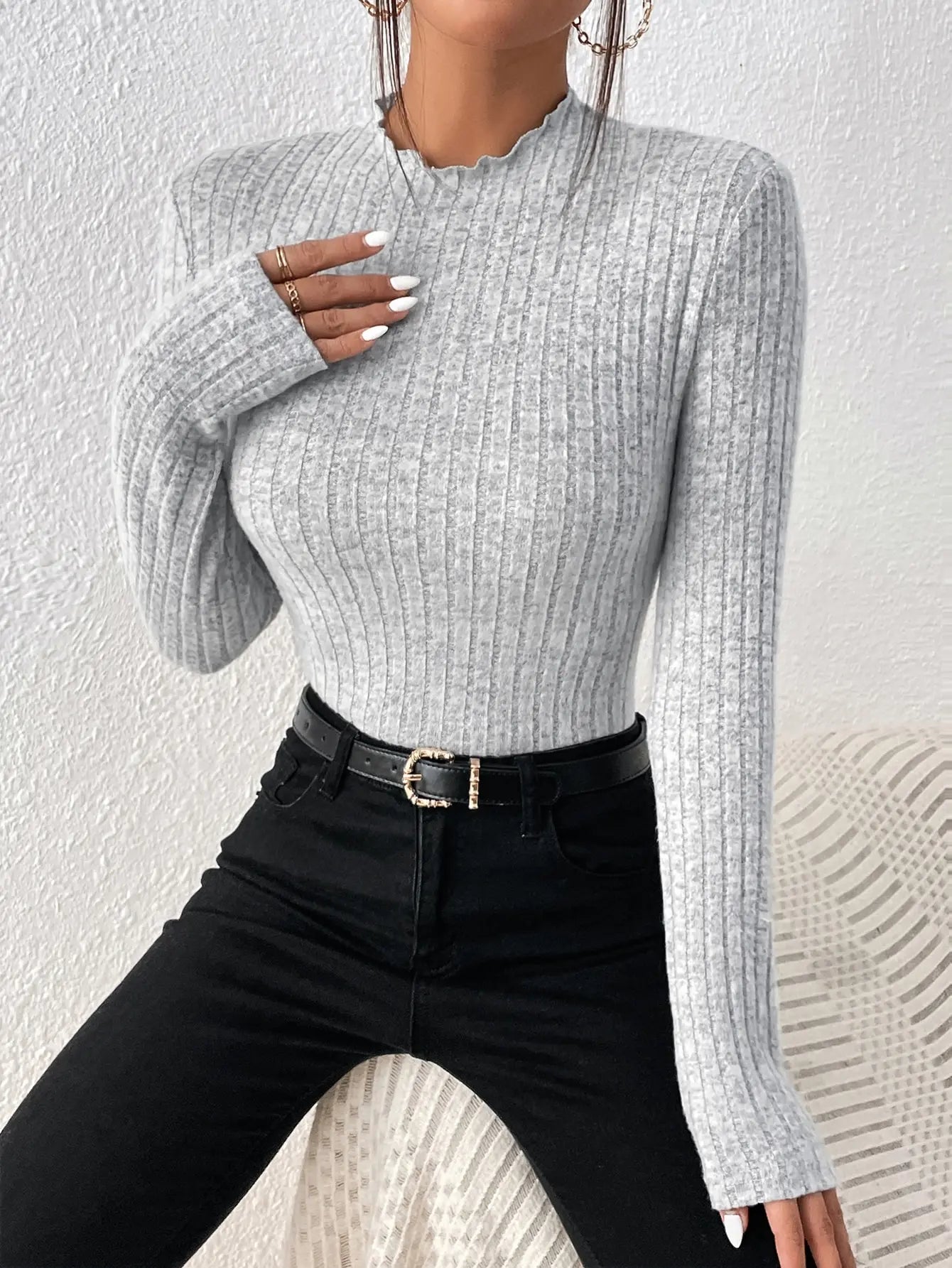 Fashion Slim Ruffle Neck Knit Long Sleeve Top, Lace Mid-Collar Women's Striped Bottom Shirt, Autumn and Winter Casual Sweater.