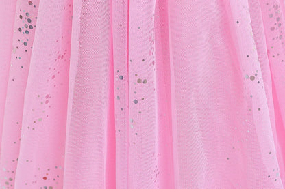 Mädchen rosa Pailletten Mesh Prinzessin Kleid, Mesh kurze Ärmel, mit Umhang, geeignet für Party, Tanz, Performance, Karnevals kleid.