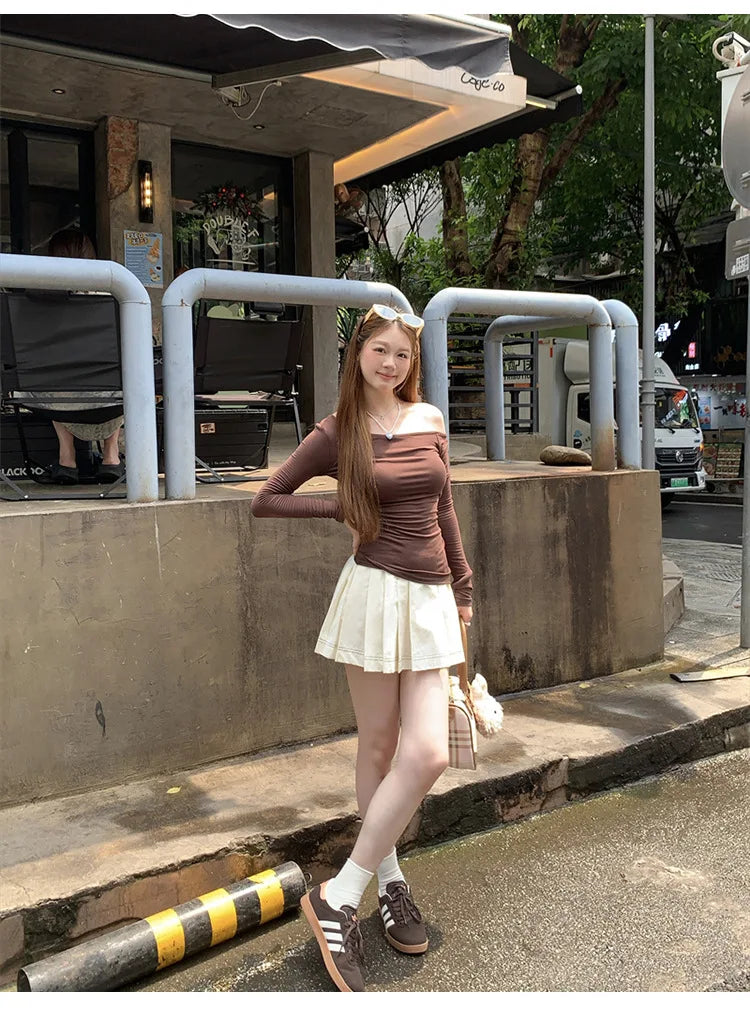 1pcs Spring Autumn Fashion Skew Collar Off-shoulder Long-sleeved T-shirts Women New Solid Slim Fit Sexy Tees Shirts Student Tops