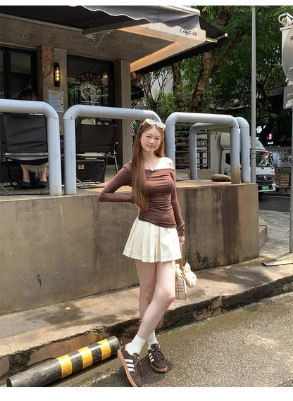 1pcs Spring Autumn Fashion Skew Collar Off-shoulder Long-sleeved T-shirts Women New Solid Slim Fit Sexy Tees Shirts Student Tops