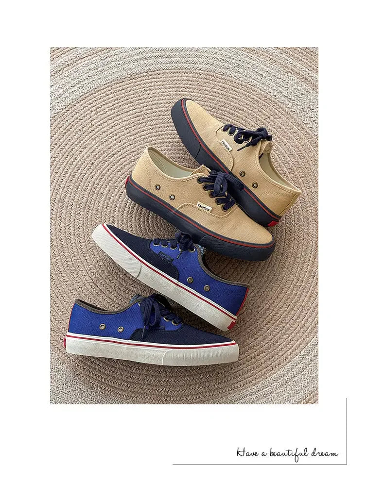Boys' Casual Canvas Skateboard Shoes with Patchwork Low Cut Shoes Men's Minimalist Fashion Sneakers Trendy Lace Up Flat Bottom.
