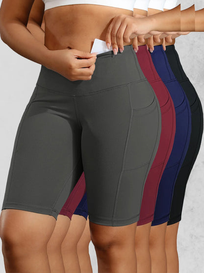 CHRLEISURE Women Solid Yoga Shorts with 3 Pockets High Waist Butt Lifting Workout Tights Gym Elastic Cycling Shorts Activewear.