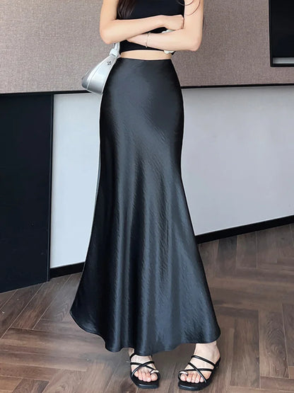 Zoki Chic Satin Elegant Long Skirt Women Casual Fashion High Waist Sweet Trumpet Skirts Slim Summer Female Korean Long Skirts.