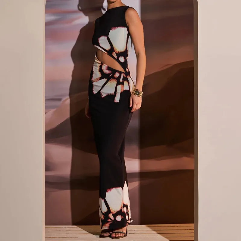Sommer Sexy Maxi Kleid Für Frauen Streetwear Fashion Print Aushöhlen Ärmellose Neue Dünnes Kleid Casual Club Elegante Party Kleider.