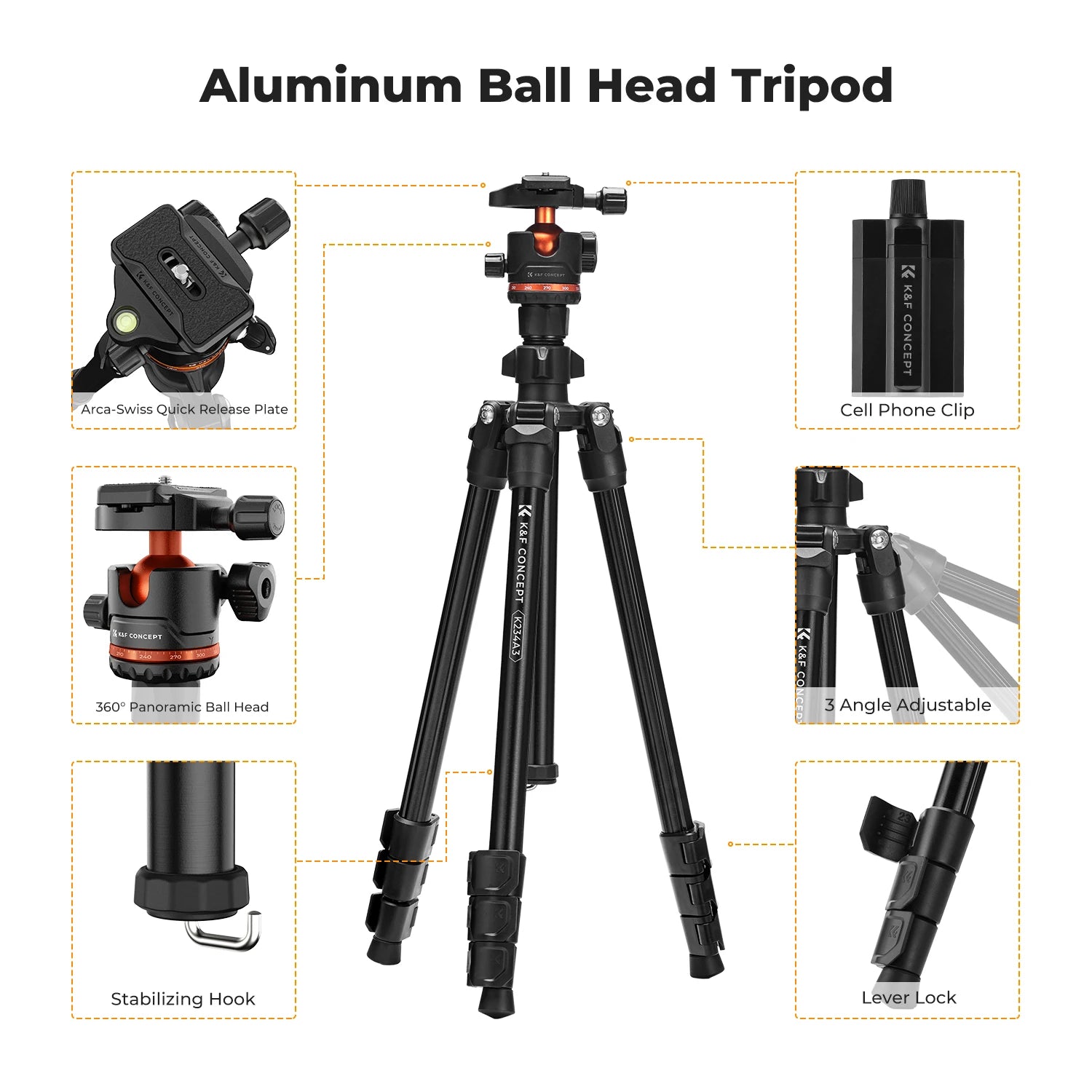 K&F Concept 178cm Lightweight Camera Tripod Cellphone Clip Travel DSLR Tripod for Nikon Canon Camera Outdoor Live Streaming Vlog.