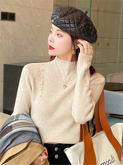 Langarm Beiläufige Dünne Pullover Mode Taste Grundlegende Gestrickte Tops Frauen Rollkragenpullover Koreanische Mode Einfache Chic Kleidung