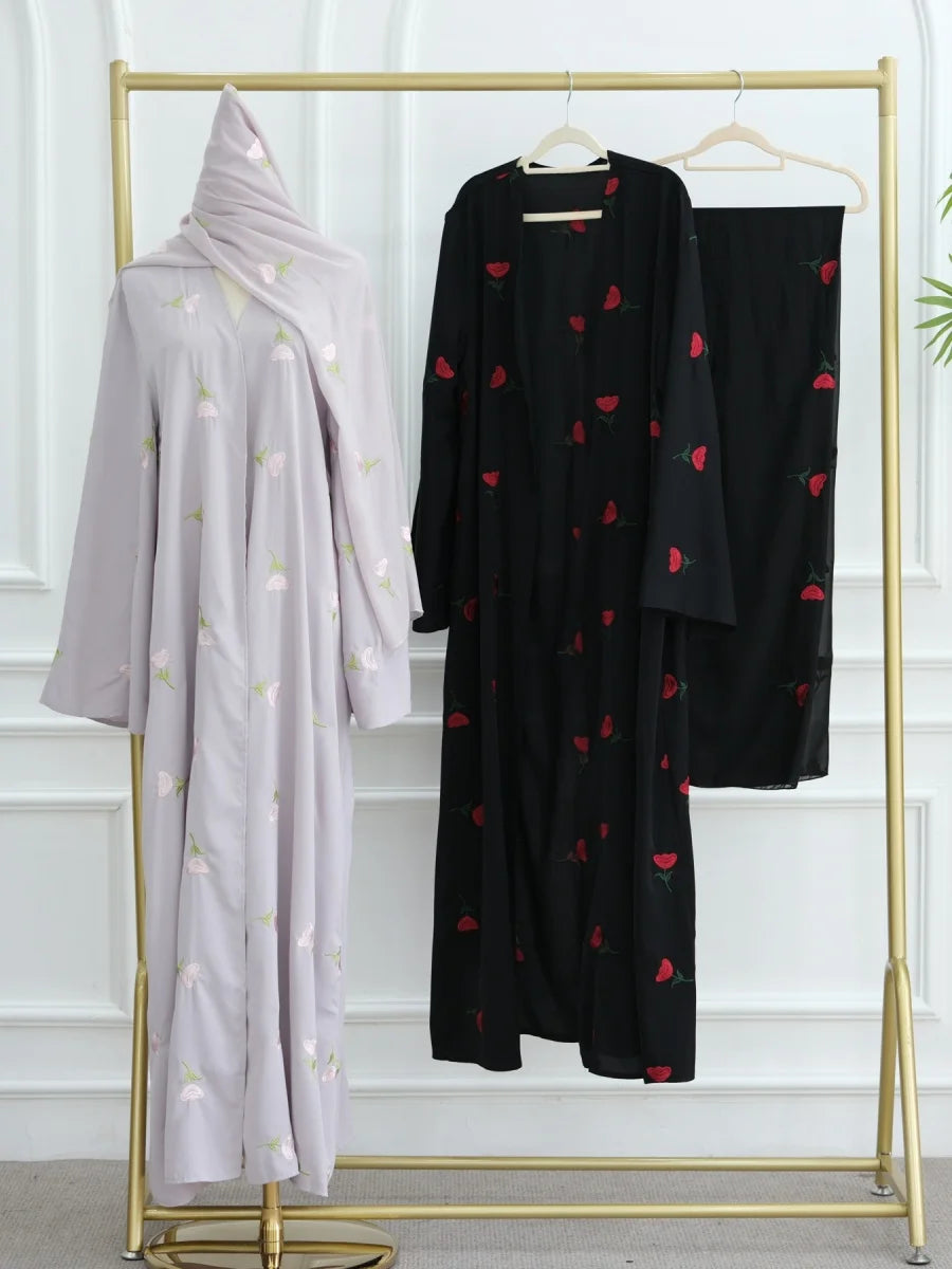 Women Middle East Arabic Dubai Abaya Luxury Rose embroidery Kimono Cardigan Long Dress Modest Robe Femme Islam Clothing Kebaya.