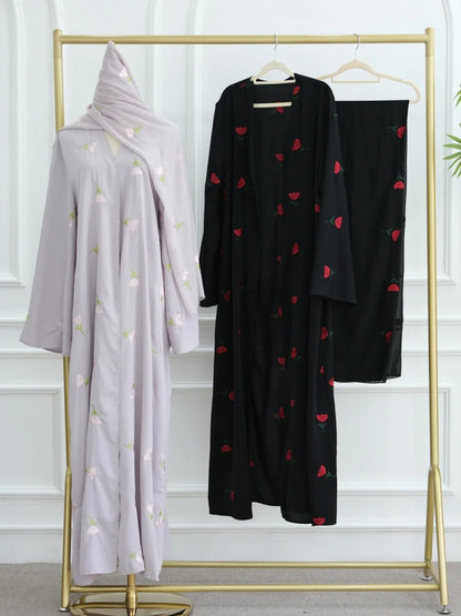 Women Middle East Arabic Dubai Abaya Luxury Rose embroidery Kimono Cardigan Long Dress Modest Robe Femme Islam Clothing Kebaya.