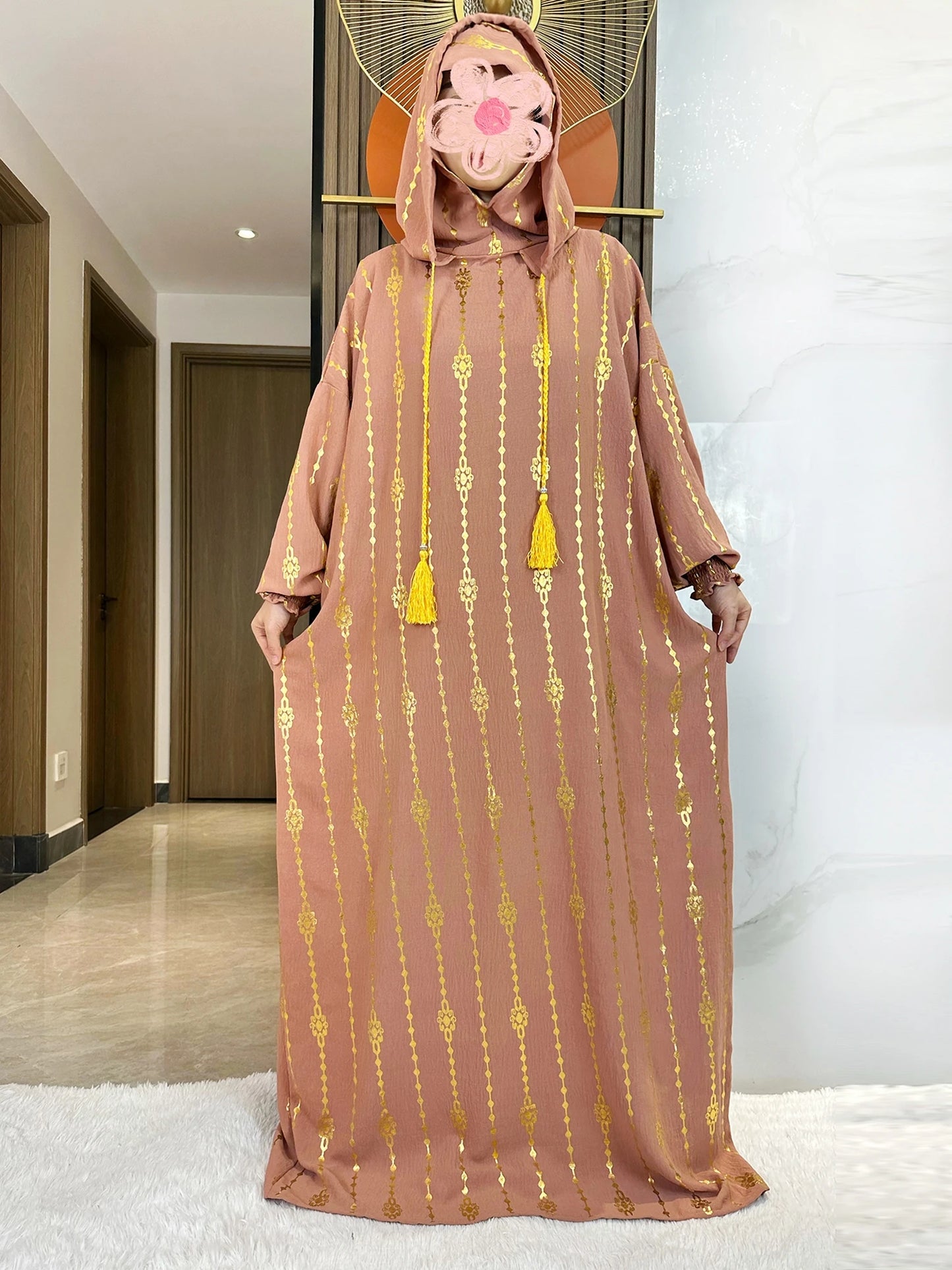 New Cotton Ramadan Muslim Two-Hat Abaya Dubai Turkey Islam Prayer Clothes Gold Dust   Dress Islam Women Dress Kaftan