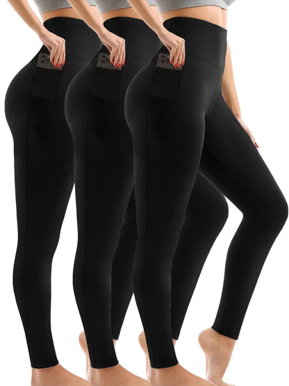 3 Pack Super Soft Leggings with Pockets for Women, High Waisted Tummy Control Workout Yoga Running Pants Leggings.