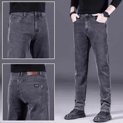 High-End Men's Fleece-Lined Thick Stretchy Straight Leg Jeans 2025 New Style Loose Fit Smoke Grey Trousers for Men.